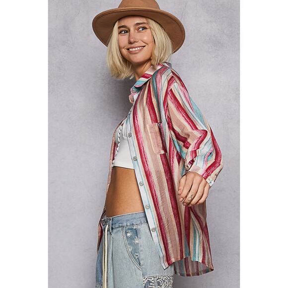 POL Striped Pattern Long Sleeves Chest Pocket Button Down Oversized Shirt | Pink - Picture 4 of 8